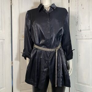 Venezia Jeans Women's sz 14 Black Satin Dressy Button Up LS Blouse Shirt Mobwife